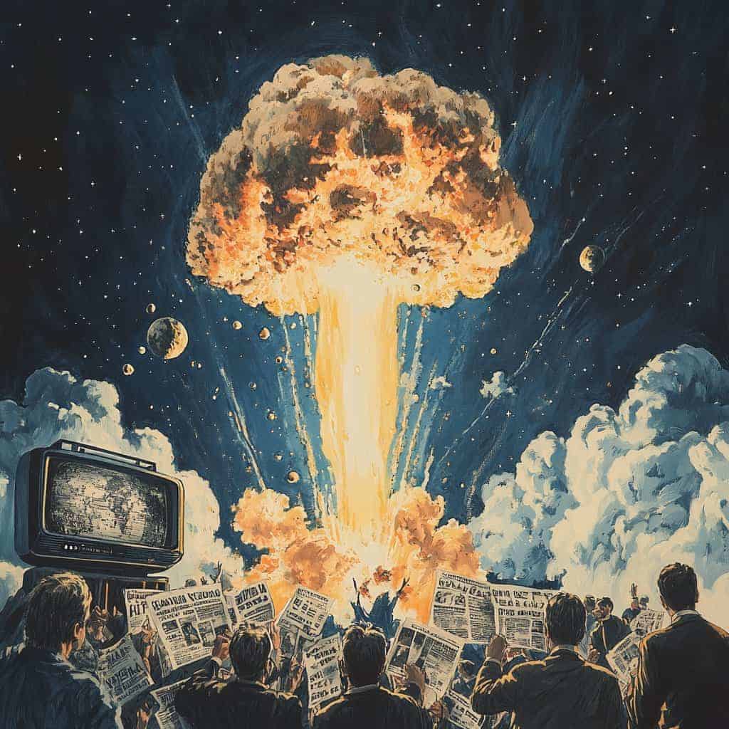 An evocative, surreal illustration capturing the tension and hope of a generation: a Cold War-era mushroom cloud looming ominously in the background, juxtaposed with the Apollo moon landing under a starry sky. In the foreground, a grieving crowd clutches newspapers with bold headlines, while a television from the 1960s broadcasts a space race victory. The scene is infused with dramatic lighting, a mix of muted grays and vibrant blues, symbolizing the clash of fear and progress.